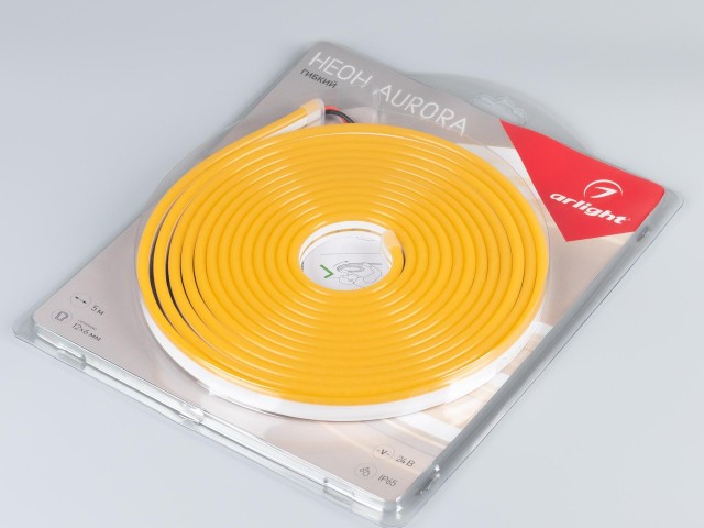 Лента герметичная AURORA-PS-A120-12x6mm 24V Amber (10 W/m, IP65, 2835, 5m) (Arlight, Силикон) фото:1