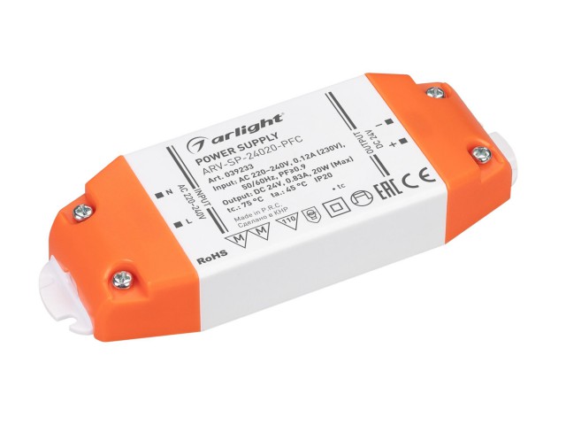 Блок питания ARV-SP-24020-PFC (24V, 0.83A, 20W) (Arlight, IP20 Пластик, 5 лет) фото:1