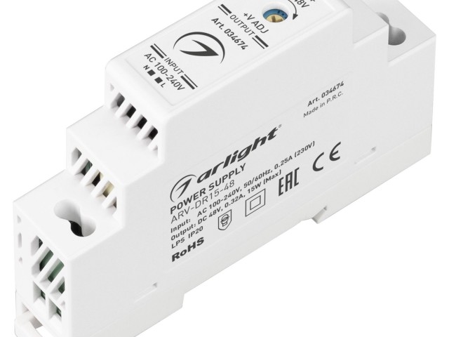 Блок питания ARV-DR15-48 (48V, 0.32A, 15W) (Arlight, IP20 DIN-рейка) фото:3