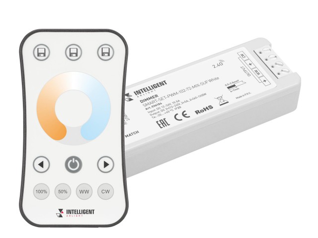 INTELLIGENT ARLIGHT Диммер SMART-SET-PWM-102-72-MIX-SUF White (12-24V, 2x5A, ПДУ RING 10кн, 2.4G) (IARL, IP20 Пластик, 5 лет) фото:1