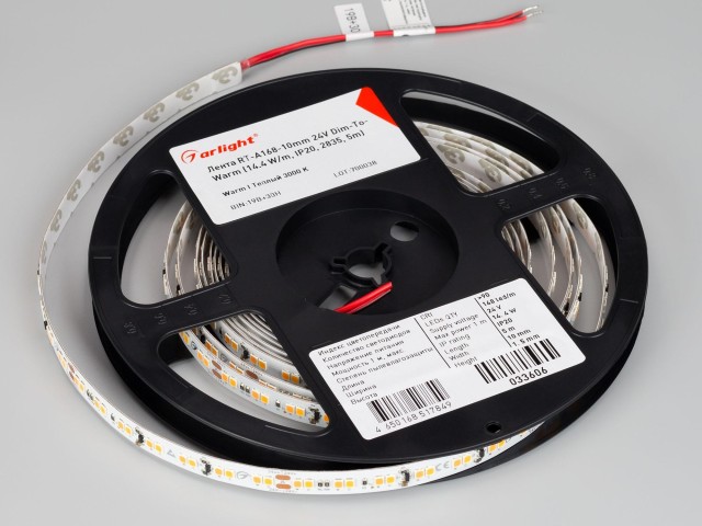 Лента RT-A168-10mm 24V Dim-To-Warm (14.4 W/m, IP20, 2835, 5m) (Arlight, Dim-To-Warm) фото:1