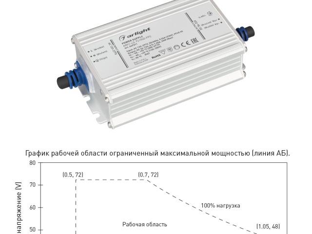 Блок питания ARPJ-LG-721050-PFC (50W, 36-72V, 0.5-1.05A) (Arlight, IP67 Металл, 5 лет) фото:1