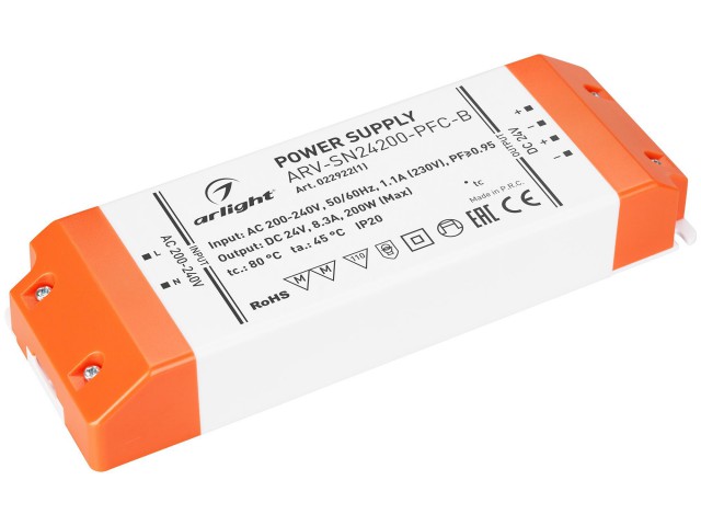 Блок питания ARV-SN24200-PFC-B (24V, 8.3A, 200W) (Arlight, IP20 Пластик, 3 года) фото:2