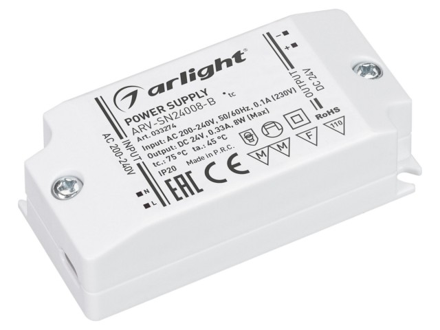 Блок питания ARV-SN24008-B (24V, 0.33A, 8W) (Arlight, IP20 Пластик, 3 года) фото:1