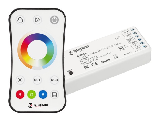 INTELLIGENT ARLIGHT Диммер SMART-SET-PWM-105-52-MULTI-SUF White (12-24V, 5x3A, ПДУ RING 10кн, 2.4G) (IARL, IP20 Пластик, 5 лет) фото:1