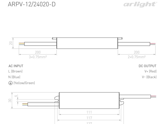 Блок питания ARPV-24020-D (24V, 0.8A, 20W) (Arlight, IP67 Металл, 3 года) фото:2
