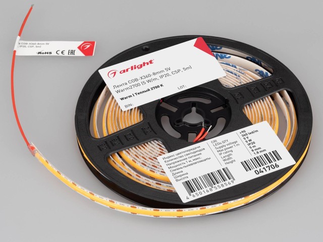 Лента COB-X360-8mm 5V Warm2700 (5 W/m, IP20, CSP, 5m) (Arlight, -) фото:3