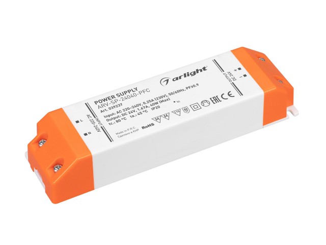 Блок питания ARV-SP-24040-PFC (24V, 1.67A, 40W) (Arlight, IP20 Пластик, 5 лет) фото:1