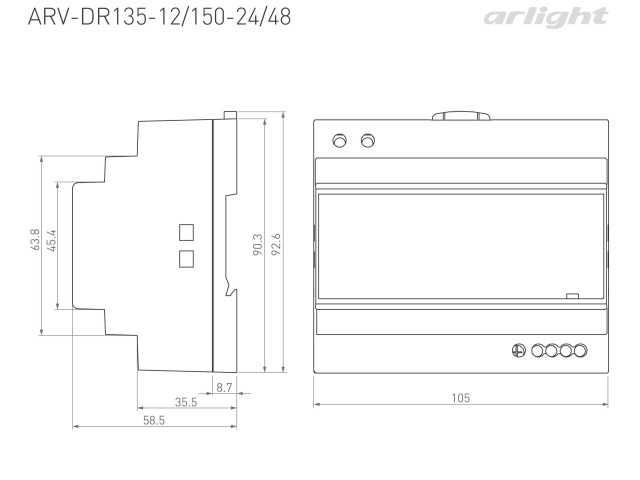 Блок питания ARV-DR150-48 (48V, 3.2A, 150W) (Arlight, IP20 DIN-рейка) фото:1