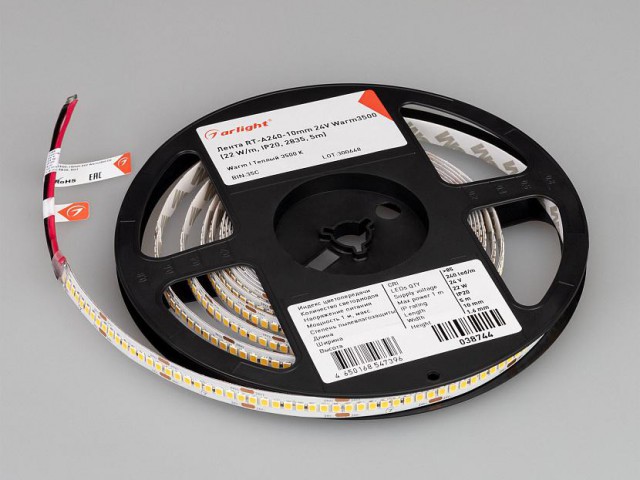 Лента RT-A240-10mm 24V Warm3500 (22 W/m, IP20, 2835, 5m) (Arlight, высок.эфф.150 лм/Вт) фото:4